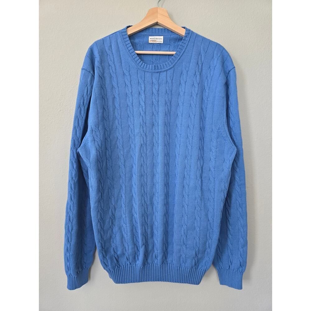 Mario Romano Blue Cable Knit Sweater Italy Cashmere Silk Blend Men’s XL Smart